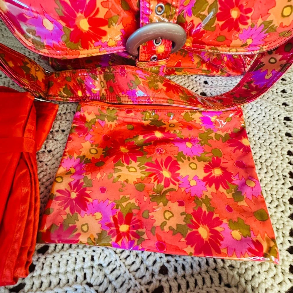 Floral Vinyl Diaper Bag Set Messenger Pouch Changing Pad Pink Orange Retro 4pc
